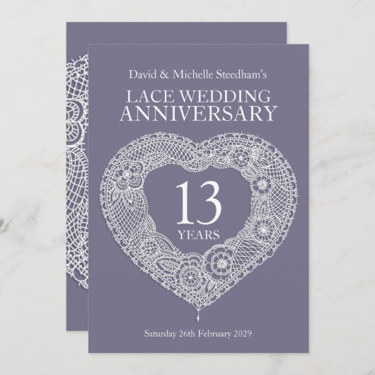 Lace bruiloft hart 13 jaar feestelijke uitnodiging (Voorkant / Achterkant)