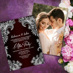 Lace Burgundy Custom Photo Wedding After Party Kaart
