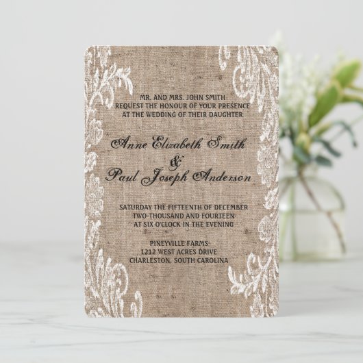 Lace Burlap bruiloft uitnodiging (Staand voorkant)