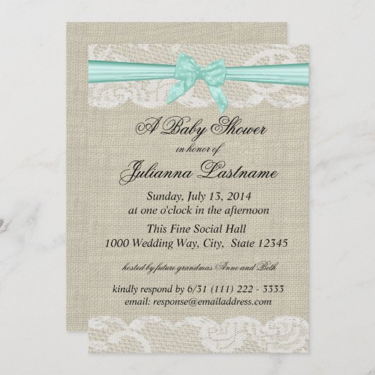 Lace Burlap en Bow Baby shower Kaart (Voorkant / Achterkant)