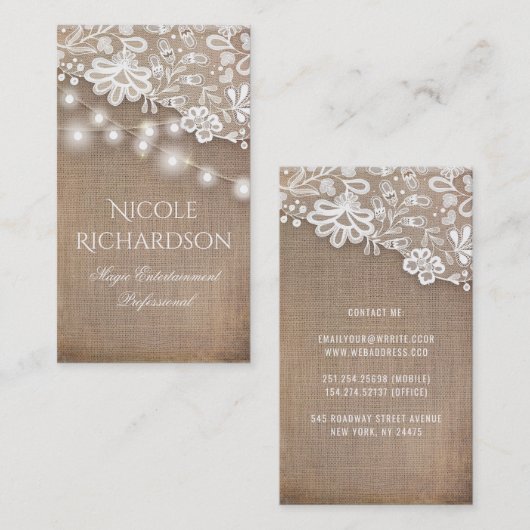 Lace Burlap en String Lights Rustiek Land Visitekaartje (Voorkant / Achterkant)