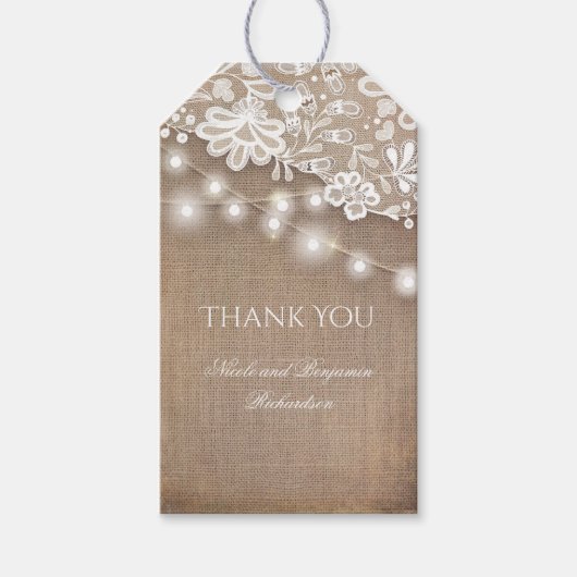 Lace Burlap en String Lights Rustieke bruiloft Cadeaulabel (Voorkant)