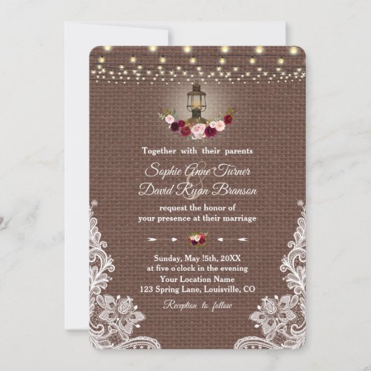  Lace Burlap Lights Wedding Kaart (Voorkant)