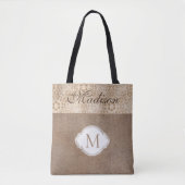 Lace Burlap Modern Rustic Trendy Monogram Tote Bag (Voorkant)