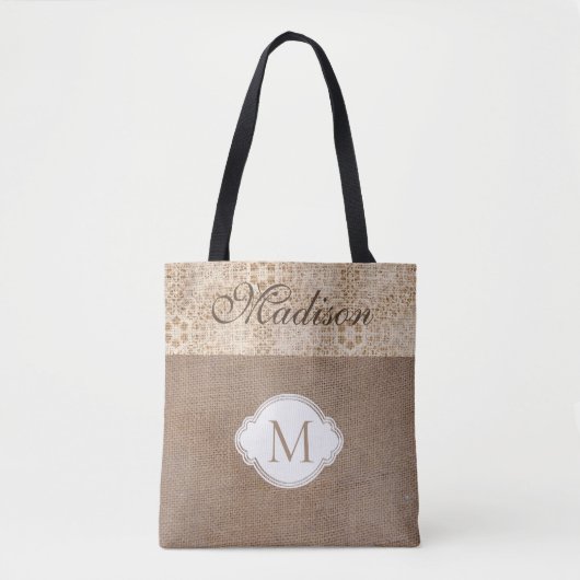 Lace Burlap Modern Rustic Trendy Monogram Tote Bag (Voorkant)