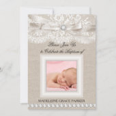 Lace & Burlap Photo Baptism/Christening Invitation Kaart (Voorkant)