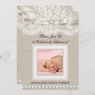 Lace & Burlap Photo Baptism/Christening Invitation Kaart