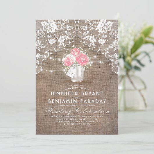 Lace Burlap Roze Pioenen Mason Jar Rustieke bruilo Kaart (Staand voorkant)