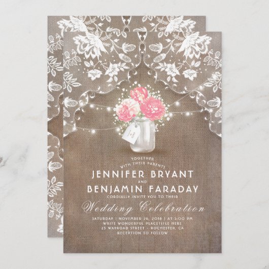 Lace Burlap Roze Pioenen Mason Jar Rustieke bruilo Kaart (Voorkant / Achterkant)