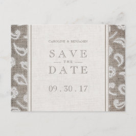 Lace burlap rustiek land bruiloft opslaan van de d aankondigingskaart