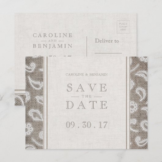 Lace burlap rustiek land bruiloft opslaan van de d aankondigingskaart (Voorkant / Achterkant)