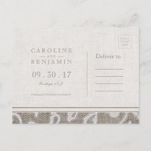 Lace burlap rustiek land bruiloft opslaan van de d aankondigingskaart (Achterkant)