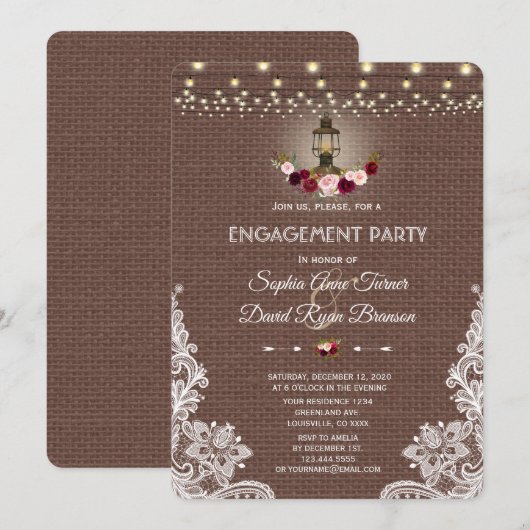  Lace Burlap String Lights Engagement Party Kaart (Voorkant / Achterkant)