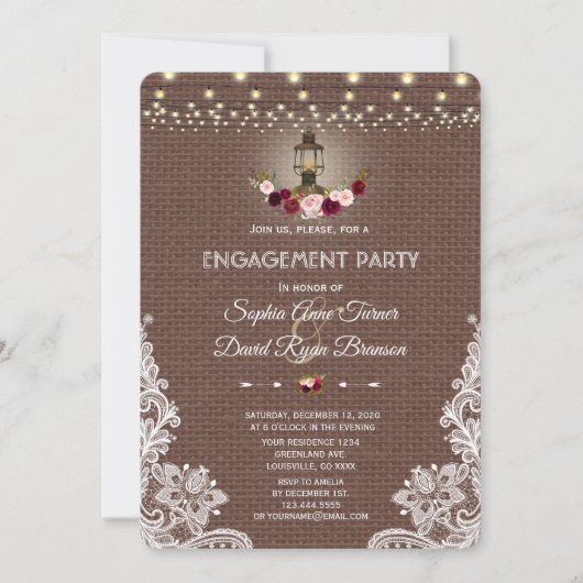 Lace Burlap String Lights Engagement Party Kaart (Voorkant)