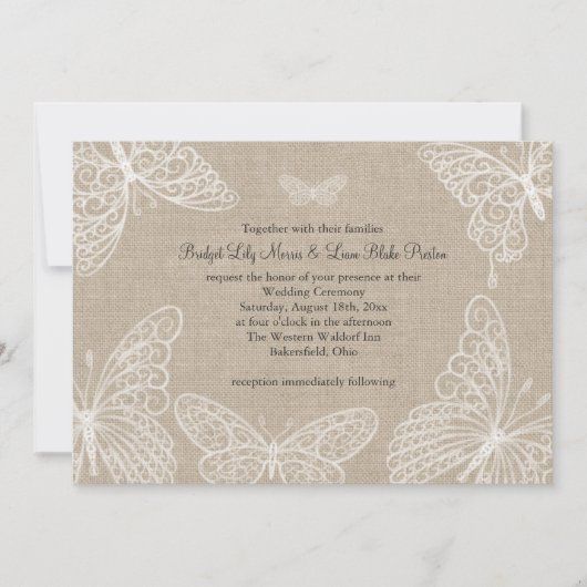 Lace Butterflies op Burlap Wedding Invitation 2 Kaart (Voorkant)