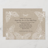 Lace Butterflies op Burlap Wedding Invitation 2 Kaart (Voorkant / Achterkant)