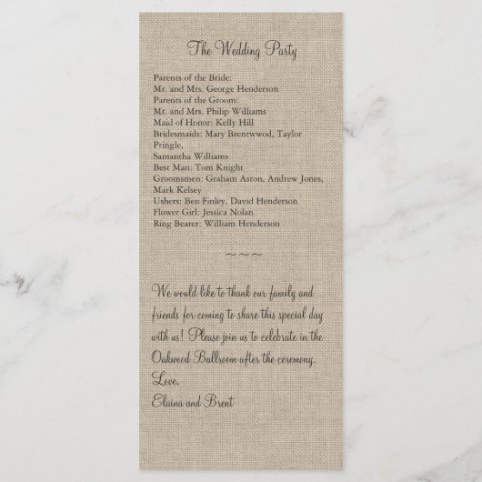 Lace Butterflies Wedding Programme on Burlap 2 Programmakaart (Achterkant)