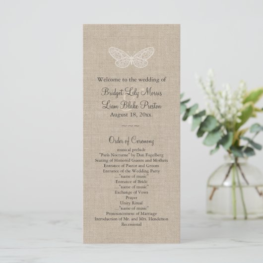 Lace Butterflies Wedding Programme on Burlap 2 Programmakaart (Staand voorkant)