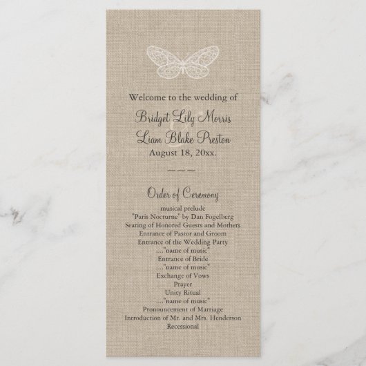 Lace Butterflies Wedding Programme on Burlap 2 Programmakaart (Voorkant)