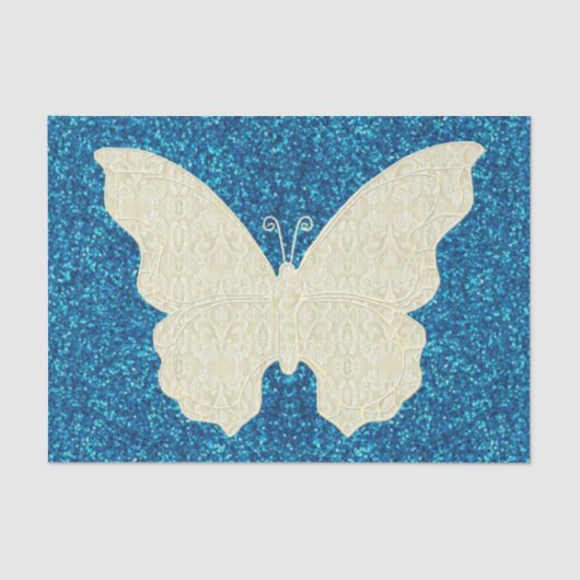 Lace Butterfly on Blue Glitter Tissue Paper Tissuepapier (Voorkant)