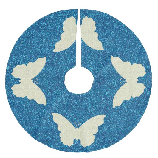 Lace Butterfly on Blue Glitter Tree Skirt Kerstboom Rok (Voorkant)