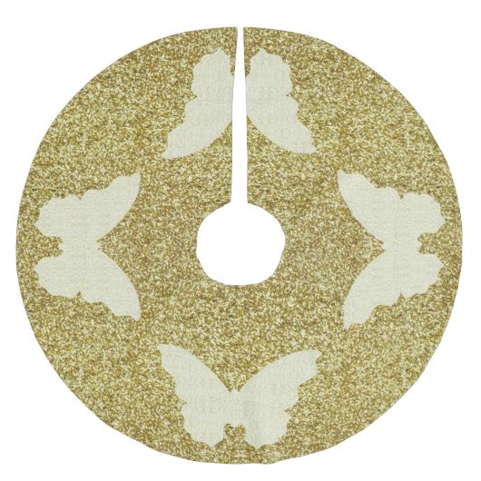 Lace Butterfly on Gold Glitter Tree Skirt Kerstboom Rok (Voorkant)