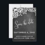 Lace Chalkboard Moderne Kalligrafie Save the Date RSVP Kaartje<br><div class="desc">In dit bruiloft-thema ontwerp heb ik een elegante, moderne kalligrafie lettertype gebruikt om een witte grafische typografie overlay met "Save the Date" te creëer. Aan beide zijden werd de achtergrond bedekt met een afbeelding met een getextureerd krijtbord. Bedekken dat is een elegant paneel van wit kant. Vul de sjabloon blanks...</div>