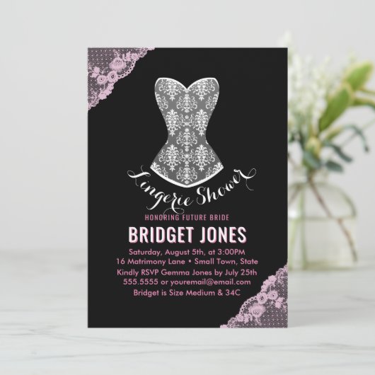 Lace Corset Lingerie Shower Bridal Partij Roze Kaart (Staand voorkant)