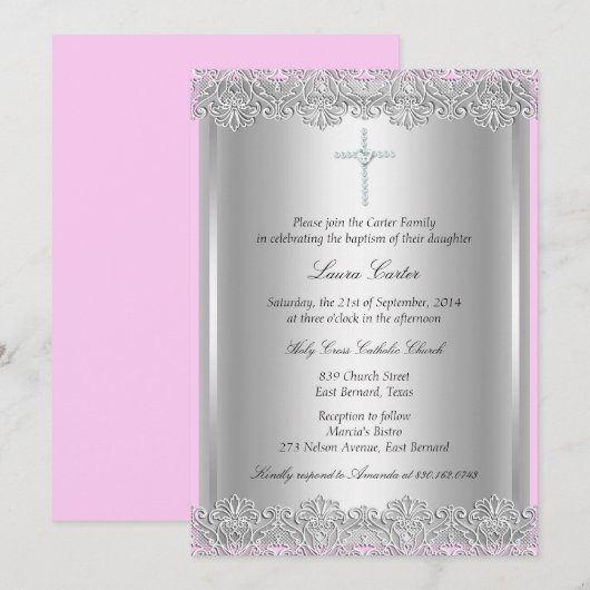 Lace & Cross Baptism/Christening Uitnodiging (Voorkant / Achterkant)
