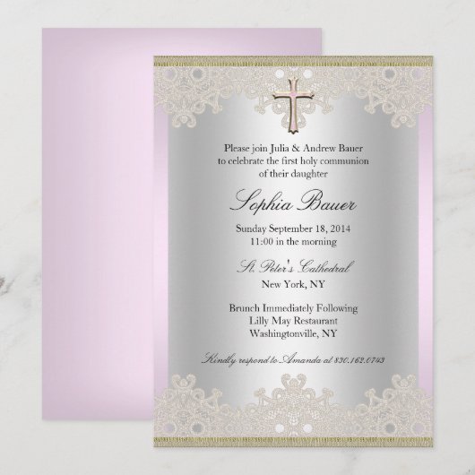 Lace Cross Baptism/Christening Uitnodiging (Voorkant / Achterkant)