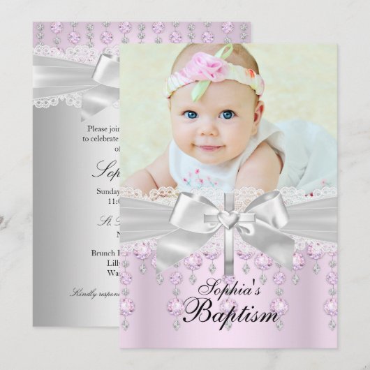 Lace Cross & Jewels Photo Baptism Invitation Kaart (Voorkant / Achterkant)