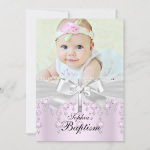 Lace Cross & Jewels Photo Baptism Invitation Kaart