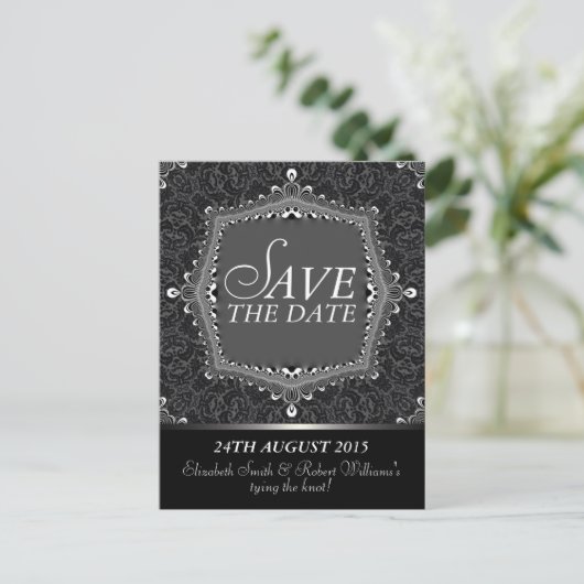Lace Damask Gothic Save the Date Black Briefkaart (Staand voorkant)