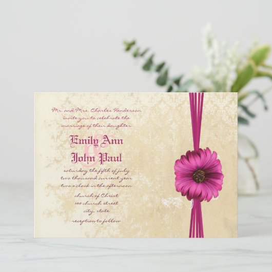 Lace Damask Moody Dark Pink Gerber Daisy Wedding Kaart (Staand voorkant)