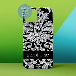 Lace Damask Pattern Black en White iPhone 15 Case