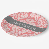 Lace Damask Pattern Coral Grey Papieren Bordje (Gekanteld)
