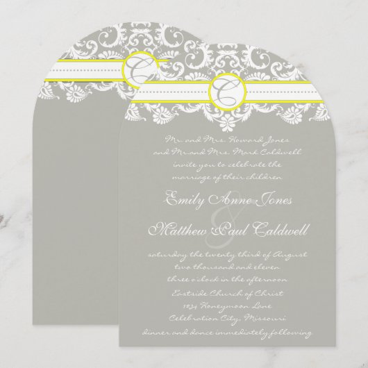 Lace Damask Yellow Wedding Invitation Kaart (Voorkant / Achterkant)