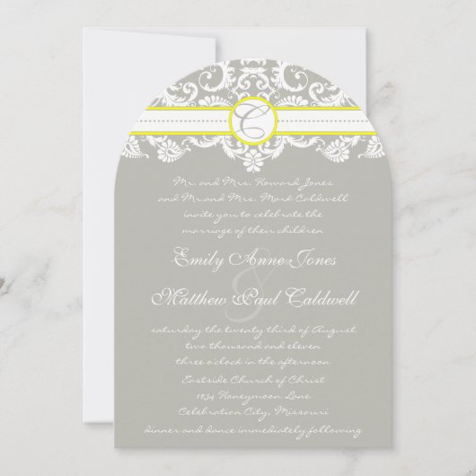 Lace Damask Yellow Wedding Invitation Kaart (Voorkant)