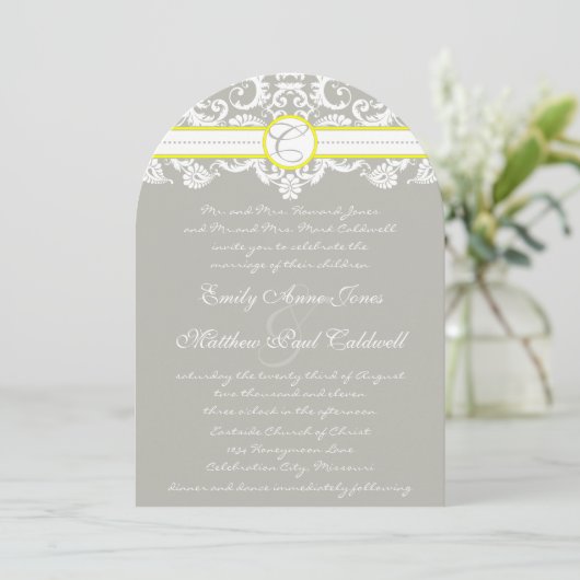 Lace Damask Yellow Wedding Invitation Kaart (Staand voorkant)