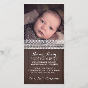 Lace Dark Wood Custom Photo Baby shower Hartelijk  Bedankkaart