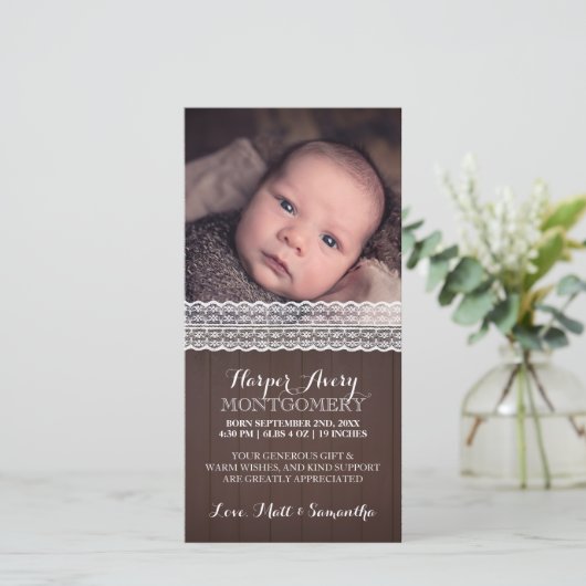 Lace Dark Wood Custom Photo Baby shower Hartelijk  Bedankkaart (Staand voorkant)