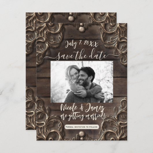 Lace & Dark Wood Rustic  Opslaan datum Kaart (Voorkant / Achterkant)