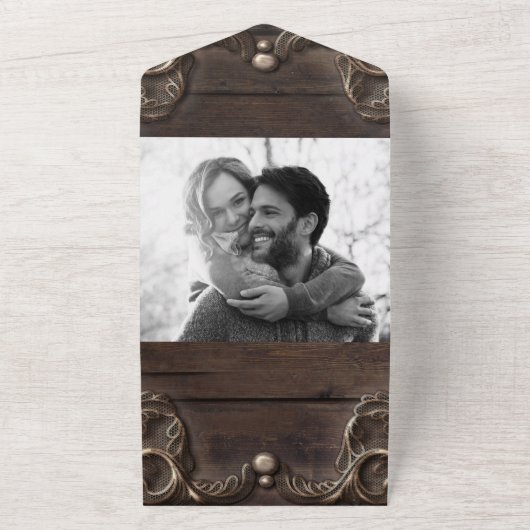 Lace & Dark Wood Rustic  Weddenschap All In One Uitnodiging (Buitenkant)