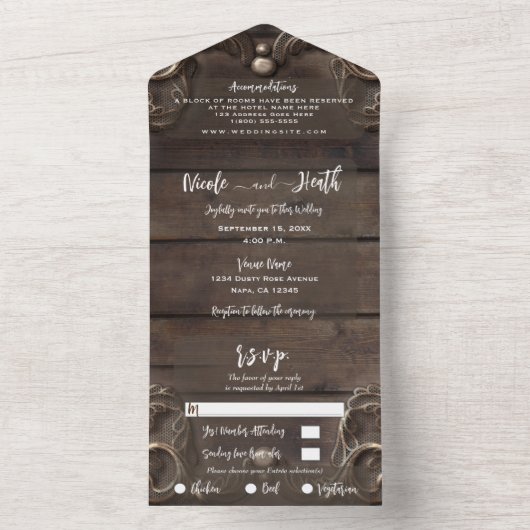 Lace & Dark Wood Rustic Weddenschap All In One Uitnodiging (Binnen)