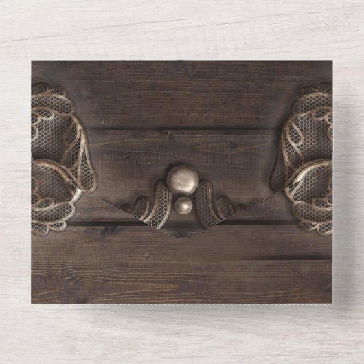 Lace & Dark Wood Rustic  Weddenschap All In One Uitnodiging (Achterkant)