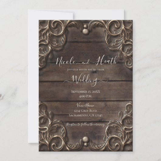 Lace & Dark Wood Rustic  Weddenschap Kaart (Voorkant)