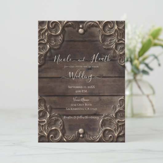 Lace & Dark Wood Rustic  Weddenschap Kaart (Staand voorkant)