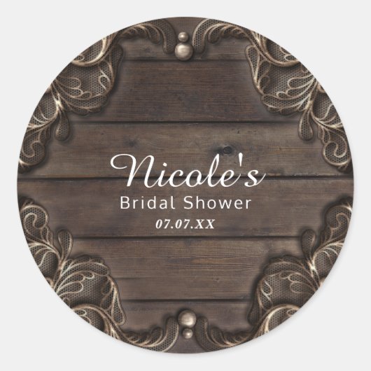 Lace & Dark Wood Rustic  Weddenschap Ronde Sticker (Voorkant)
