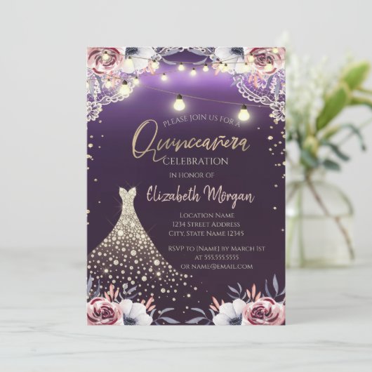 Lace, Diamonds Dress Floral Paars Quinceañera Kaart (Staand voorkant)