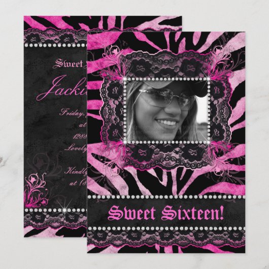 Lace Diamonds Sweet 16 Birthday Afstudeerder Zebra Kaart (Voorkant / Achterkant)